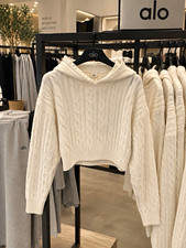 Alo Women’s White Cable Knit Hooded Pullover Cotton Sweater Hoodie Size S picture