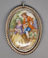 Vintage Limoges France Porcelain Courting Couple Oval Pendant picture