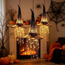 Lighted Witch Hat Hanging Chime Halloween Outdoor Glowing Mesh Decor picture