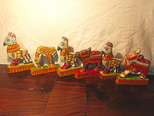 Vintage Brimful House India Hand Carved Painted Wood Folk Art Animals Lot of 6 picture