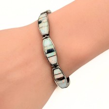 Calvin Begay Stamped Navajo Sterling Silver Lab Opal Inlay Link Bracelet picture