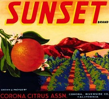 Sunset Orange Corona Riverside California Citrus Fruit Crate Label Art Print picture