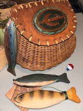 Vintage Hand Carved Wooden Fish & Wicker Fishing Creel Folk Art Cabin Farmhouse picture