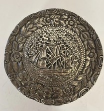Antique Silver Plated c1890 Dutch Repousse Sailing Ship Pill Snuff Box Trinket picture