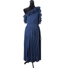 Lulus Navy Blue Ruffle Chiffon Midi Maxi Dress Flowy One Shoulder Formal Size M picture