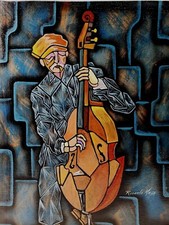 Ricardo Maya Acrylic Painting of Double Bassist Abstract Expressionist Moody picture