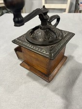 Antique Cast Iron Wood Coffee Grinder Hand Crank Mill Dovetail Drawer WORKING picture