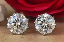 Round 3Ct Real Moissanite Solitaire Men's Stud Earrings 14K White Gold Plated picture