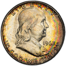 1962-D PCGS MS63 Franklin Half | Striking Rainbow Rim Toning | Vivid Colors picture