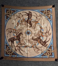 Vtg Authentic HERMES Silk Scarf La Ronde des Jockeys Brown Blue Box France 90cm  picture