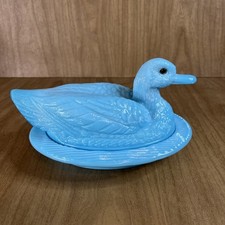 Vintage Westmoreland Blue Milk Glass Duck On A Nest Trinket Candy Dish picture