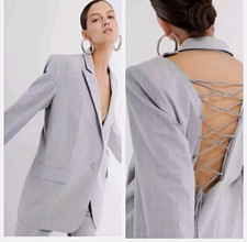 BCBGMAXAZRIA Women’s Plaid Lace-Up Open Back Blazer Gray Button Mid-Length L picture