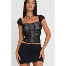 Motel Rocks Dinar Top Black Ruched Mesh Cap Sleeve Corset Style Blouse Small NWT picture