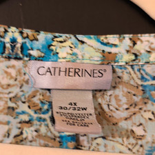 Catherines Women's Plus 4X Blue/Beige Geometric V-Neck Long Slv Button Blouse picture