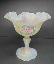 Vintage Fenton Glass White Opalescent Hearts & Flowers Compote Artist Signed 6