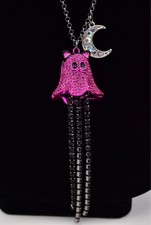 Betsey Johnson Halloween Blingy Ghost Cat Necklace Moon Pink Crystal Black NWT picture