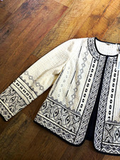 Chico's | Ivory Black Tweed Open Front Lined Embroidered Sequined Jacket Sz 2 L picture