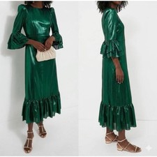 NWT Tuckernuck Pomander Place Lillith Emerald Metallic Pleated Midi Dress S picture