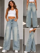 PTCL Women's Light Wash Wide Leg Jeans Snap Button Side Legs High Rise Denim picture