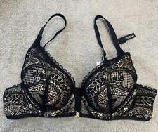 Aerie Real Power Plunge Push Up Paisley Lace Bra -- 34A TRUE BLACK picture