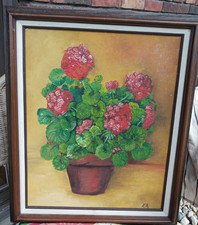 Vintage French Country Geraniums in Clay Pot Midcentury oil on Canvas Board picture