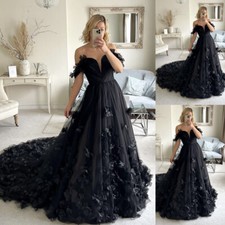 Gothic Black Wedding Dresses Off the Shoulder 3D Flower Sweep Train Bridal Gowns picture