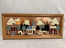 Vintage Handmade & Painted Punched Copper Town Square Folk Art Wall Art picture