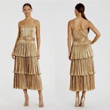 Ieena For Mac Duggal Liquid Gold Tiered Belted Shimmer Dress NWT Size 16 picture