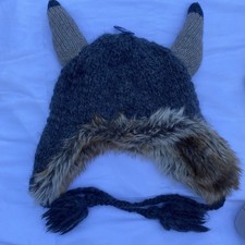 Rare Y2K American Eagle Trapper Hat with Viking Horns Knit Wool Faux Fur picture