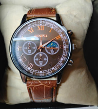 Geneva Men's Quartz Chronograph Tachymeter Brown Roman Dial Black Case w/ Box picture