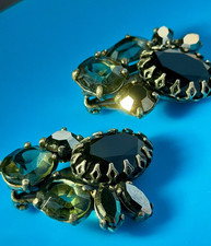 Vtg Signed SCHIAPARELLI Clip On Earrings Black Olive Green Rhinestone Glass 1950 picture