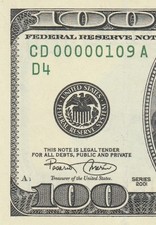 RARE 3 DIGIT | FANCY | Very Low Serial | 2001 $100 FRN | CD 00000109 A | CRISP picture