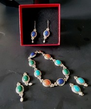 SET VINTAGE CCO STERLING SILVER 925 MULTI-GEMSTONE BRACELET AND 3-IN-1 EARRINGS picture