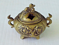 Vintage East Asian Tripod Brass Incense Burner 1950s Decorative Roses 3.5 Inch picture
