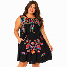 Savanna Jane Dress 1X Black Floral Embroidered Rayon Boho Plus Size picture