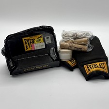 Everlast Vintage Heavy Bag Set Gloves Hand Wraps Wooden Handle Jump Rope Black picture