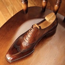 Handcrafted New Men's Brown Color Leather Oxford Lace Up Wingtip Dress Shoes Men picture