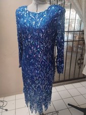 VTG Swee Lo Royal Blue Silk Sequin Beaded Leaf Cocktail Dress Sz 16 picture