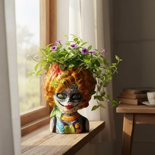 Colorful Talavera Lady Skull Planter | Day of the Dead Decor picture