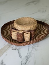 Vintage Donewell Labels Australia Straw Weaved Hat Large Bow Boho Wide Brim picture