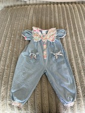 VTG Muflings Chambray Floral Lace Blue Pink Romper Girls 24 Month USA picture
