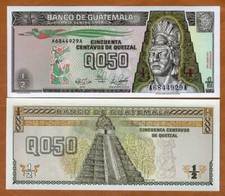 Guatemala, 1/2 Quetzal, 1989, P-72a, UNC Tecun Uman, Mayan Temple picture