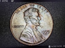 Rare 1995 P Lincoln Penny “MONSTER Rainbow TONED,” Errors- 3 Eyelids, Die Cuts picture