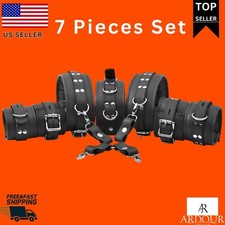 Real Cow Wrist, Ankle, Thigh Cuffs ,Collar Leather Restraint Bondage Set 7 Piece picture