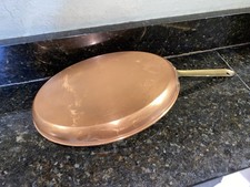 Vtg Solid Copper Oval Pan Fish Saute Pan 8 x 12 Portugal Made Rivet Brass Handle picture