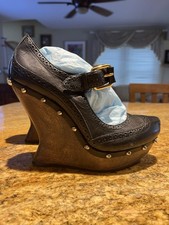 Alexander McQueen Women’s Leather Studded Mary Jane Pumps Wedge Wooden Heel 36 picture