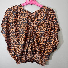 Chico's Women's Size 2 (US L/12) Orange Navy Ikat Dolman Blouse ArtToWear Chic picture