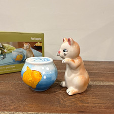 Pier 1 Imports Cat Kitten & Fishbowl Ceramic Salt Pepper Shakers, New in Box picture