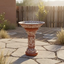 Brown & White Talavera Bird Bath | Handcrafted Garden Accent picture