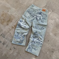 Y2K Colossal Angel Digital Printing Blue Coating Jeans Vintage Washed Men Women  picture